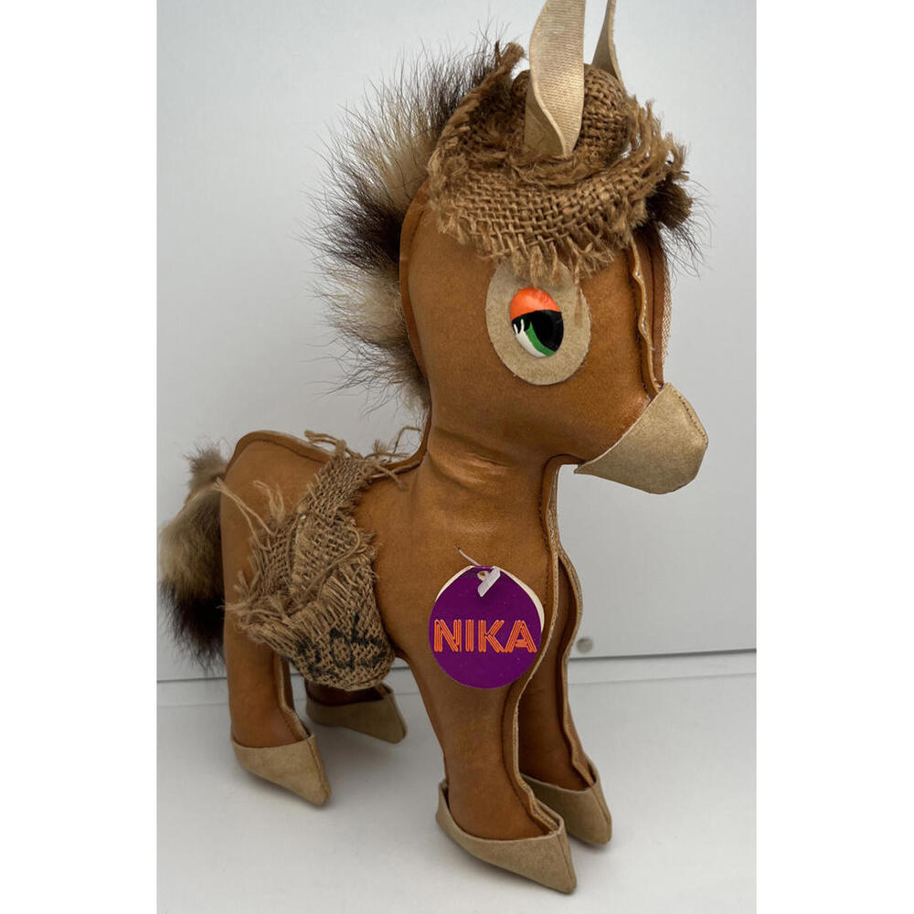 Rare Vintage 1975 NIKA HandMade Leather Toy Donkey Made In Greece Burlap Accents